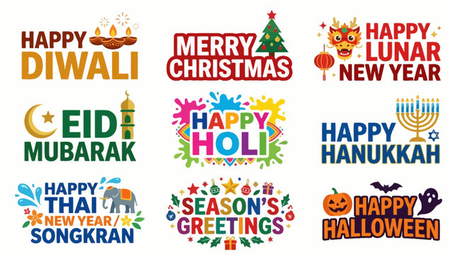 vector festive holiday greeting designs for diwali christmas eid mubarak holi hanukkah thai new year songkran seasons greetings and halloween celebrations