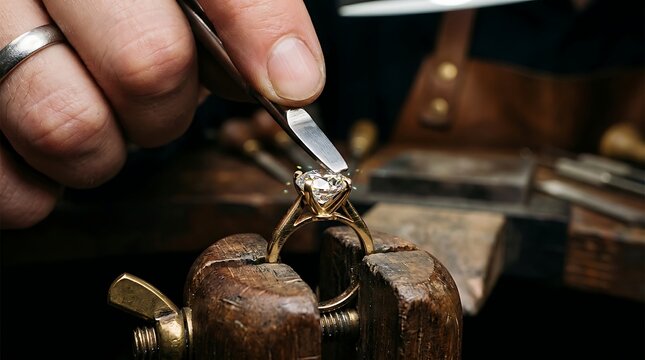 Jeweler setting a diamond in a ring at a workbench for custom jewelry production and repair