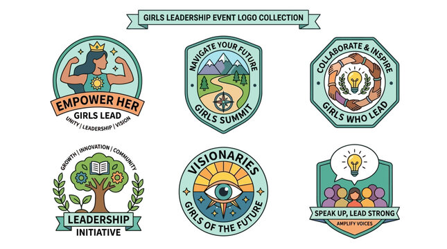 vector girls leadership event logo collection featuring empower her, navigate your future, collaborate inspire, and various thematic designs for summit and initiative branding