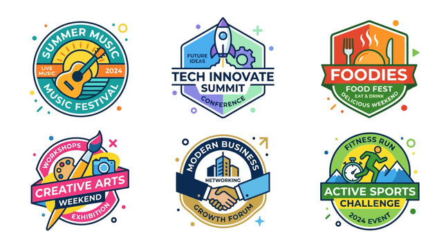 vector vibrant corporate event logo designs for music, tech, food, creative arts, business, fitness, and sports gatherings