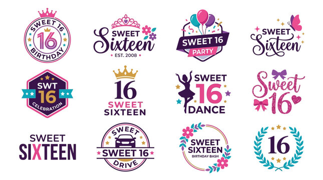 vector collection of stylish and creative sweet sixteen celebration designs for party invitations, banners, and promotional materials