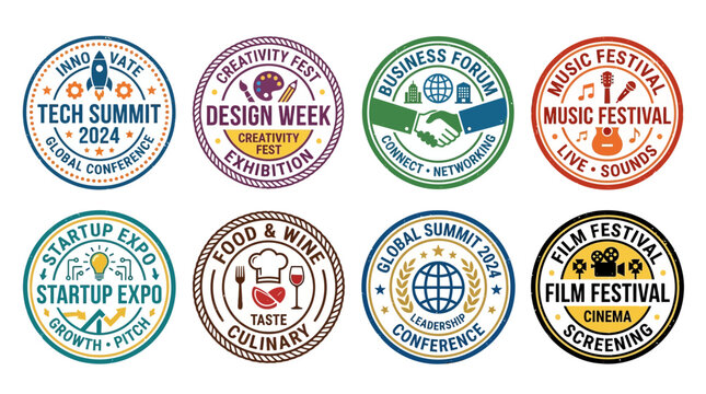 vector event logo collection featuring tech summit, design week, business forum, music festival, startup expo, food wine, global summit 2024, film festival, creativity fest, and innovation conference