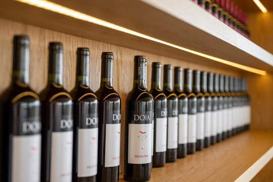 Nis, Serbia - 4 April 2026. A collection of premium wine bottles beautifully displayed at Doja Winery, showcasing elegance, craftsmanship, and a passion for exceptional winemaking.