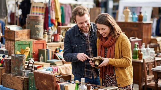 Couple discovering vintage finds at market stall