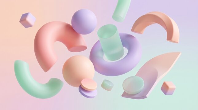 abstract 3d shapes pastel colors geometric forms floating objects minimalist art design visual style modern composition creative graphic elements symmetry asymmetry curves lines
