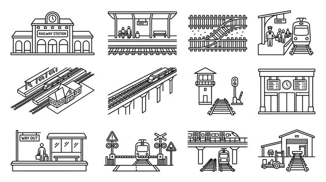 Collection of Train Station and Railway Icons - Vector Line Art