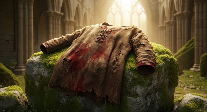Tattered Medieval Tunic with Blood Stains on Mossy Ground in Ancient Church