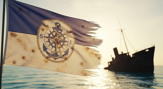 Tattered Nautical Flag with Compass Emblem Near Silhouette of a Ship at Sea
