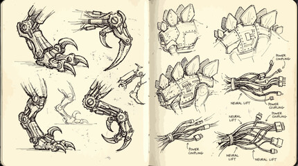 Sketchbook page displaying technical drawings of robotic dinosaur anatomy and electrical cable bundles © Fauzan Adzima
