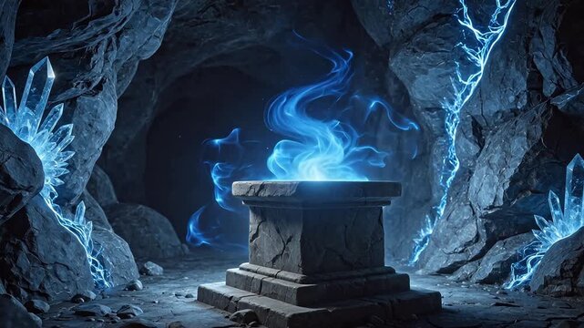 Mystical cave with glowing altar