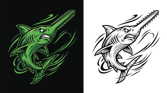 Aggressive Sawfish Illustration with Swirling Green and Black Background.