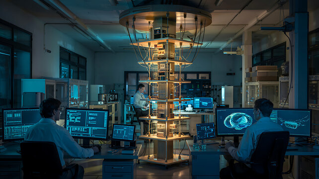 Advanced Quantum Computing Laboratory: Scientists in a futuristic laboratory work intently on complex quantum computing technology, surrounded by advanced screens and equipment.