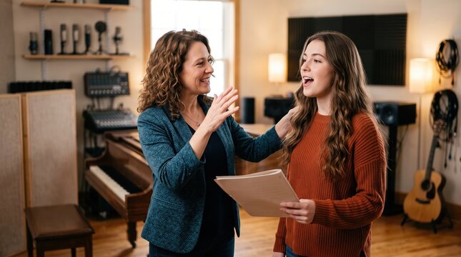 Vocal Coach Guides Young Singer in Studio