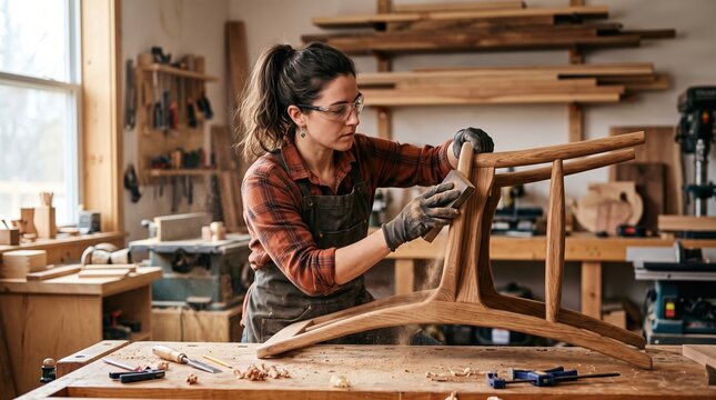 Focused woodworker refining a handcrafted chair