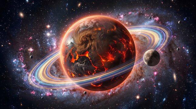 A dramatic red volcanic planet with glowing lava surface and large planetary rings surrounded by stars and colorful nebula. A cinematic sci-fi illustration of an alien world in outer space.