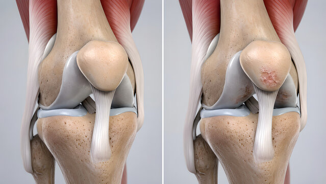 Knee joint comparison medical illustration of normal anatomy versus patellofemoral pain syndrome with chondromalacia patella, realistic cartilage damage for orthopedic healthcare and patient education