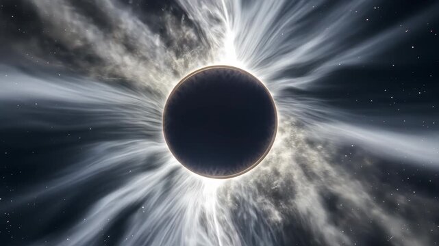 Total solar eclipse with radiant white corona against starry space, dramatic celestial phenomenon, cosmic wonder, mysterious astronomy event.