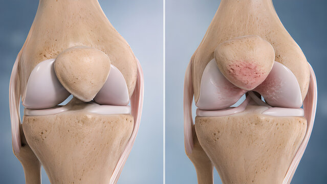 Knee joint comparison medical illustration of normal anatomy versus patellofemoral pain syndrome with chondromalacia patella, realistic cartilage damage for orthopedic healthcare and patient education