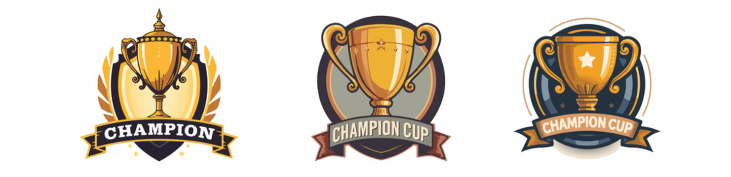 Template illustration of a champion cup icon in a decorative design style, featuring a golden trophy with intricate details and swirling patterns