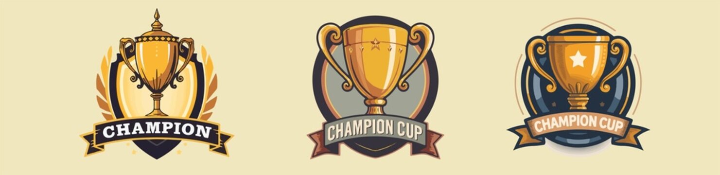 Template illustration of a champion cup icon in a decorative design style, featuring a golden trophy with intricate details and swirling patterns