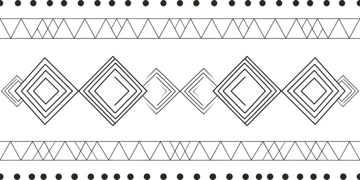 Minimalist black and white geometric tribal seamless pattern border vector illustration, abstract thin line ethnic diamond ornament background texture for textile fabric design.