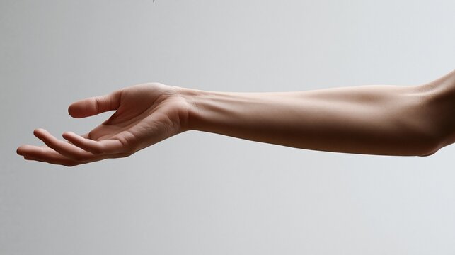 Close-up of an outstretched human arm and hand with fingers slightly open against a plain grey background