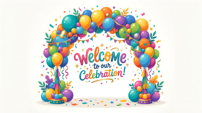 Colorful balloon archway greeting guests at a vibrant celebration with confetti and bunting