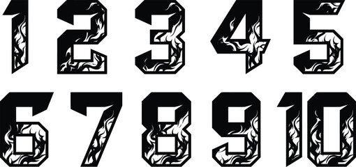 Fototapeta premium Black numbers 1 through 10 with a fiery flame effect inside the digits, presented on a white background.