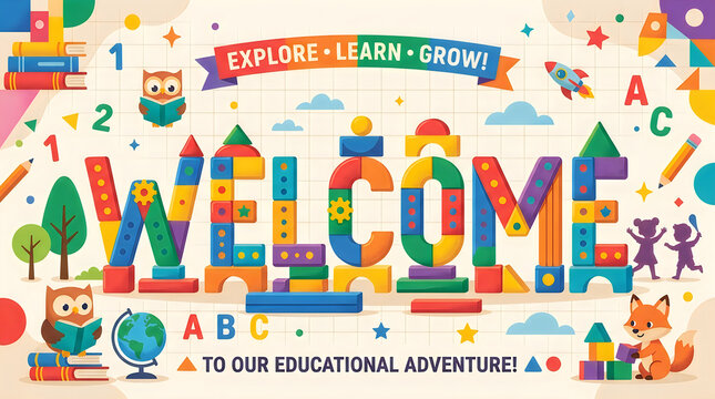 Colorful building blocks spell WELCOME with playful educational elements and cheerful characters