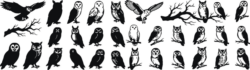 Naklejka premium Set of halloween owls silhouettes for spooky decorations and designs