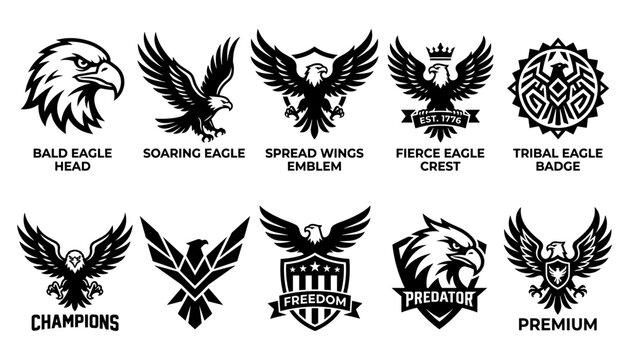 Eagle Logos Featuring Bald Eagle Head, Soaring Eagle, Spread Wings Emblem, Fierce Eagle Crest, Tribal Eagle Badge, Champions, Free