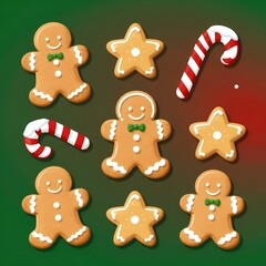 Naklejka premium Gingerbread cookies and candy canes christmas illustration, festive flat style christmas illustration for greeting cards