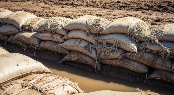 Weathered and Torn Sandbags Forming a Flood Defense Barrier