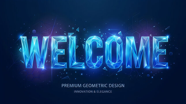 Welcome geometric glowing lettering with digital polygon network effect on dark blue background