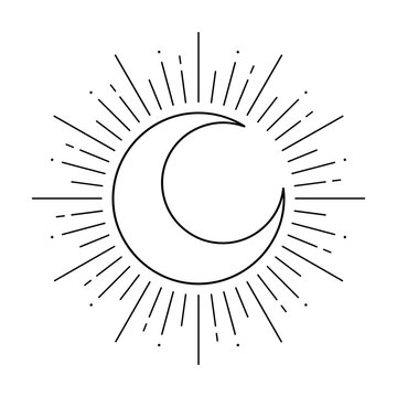 Minimalist celestial crescent moon with radiant sunburst lines as transparent PNG