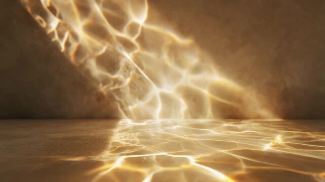 Sunlight passes through handcrafted textured glass, casting moving caustic patterns across warm limestone with realistic refractions, creating refined luxury interior branding background.