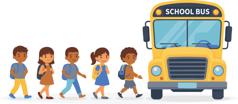 School children walking with backpacks beside yellow school bus, education transportation vector