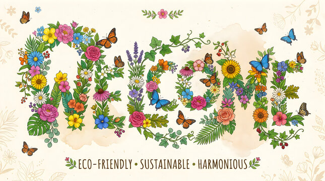 Welcome text formed by blooming flowers and green leaves with butterflies in natural outdoor setting