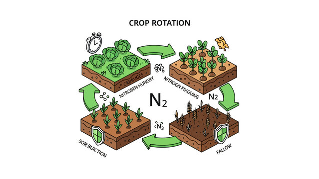 Sustainable Farming Infographic isometric diagram of crop rotation cycle with nitrogen fixing stages ideal for agricultural education and sustainability presentations.