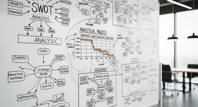 Whiteboard filled with business strategy diagrams, flowcharts, and analysis charts