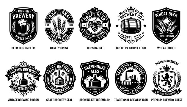 Beer Logos Featuring Vintage Brewing, Craft Beer, and Traditional Brewery Designs Featuring Emblem, Badge, Wheat with Barrel