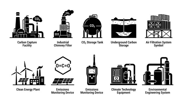 Industrial Carbon Capture and Climate Technology Icons with Factories, Tanks, Filters and Energy Equipment on Grid