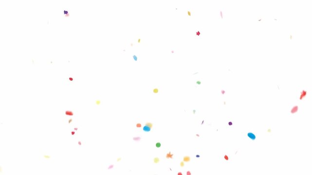 Colorful Confetti Falling and Exploding in Slow Motion on White Background.