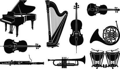 Classical orchestra musical instruments vector silhouettes set, grand piano, harp, violin, cello, French horn, bassoon, trumpet, timpanis, white background © SUMAIYA