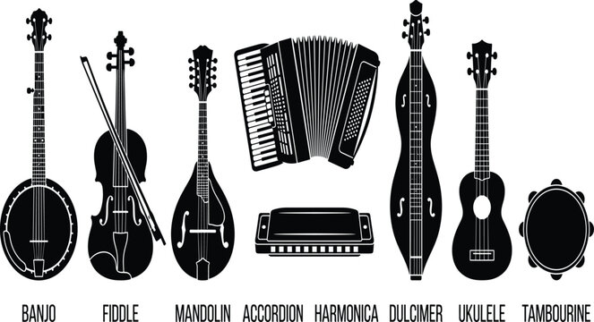 Folk, musical, instruments, silhouettes, set, banjo, fiddle, mandolin, accordion, harmonica, dulcimer, ukulele, tambourine, acoustic, traditional, vector, illustration, icons, black, isolated.