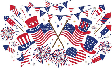 Obraz premium 4th of July Independence Day Icons Collection Vector Set with USA Flag Fireworks Uncle Sam.
