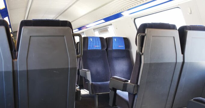 Zurich, Switzerland, July 10, 2026. An Interior View of an Empty First Class Passenger Car Inside a Swiss Train