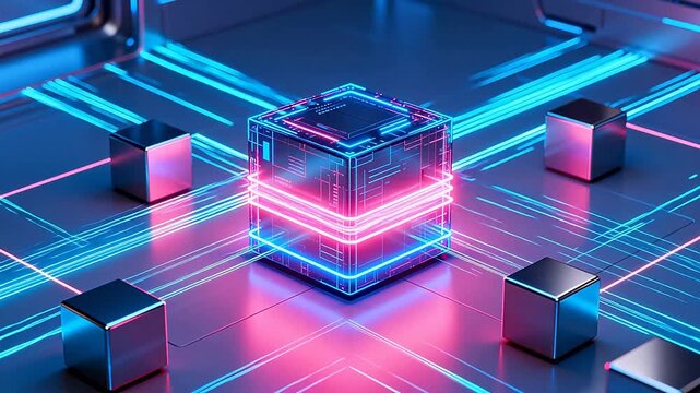 Futuristic neon cube on reflective surface