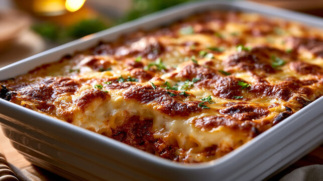 Frisch gebackene Lasagne mit Kr&auml;utern garniert in wei&szlig;er Auflaufform