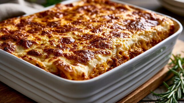 Frisch gebackene Lasagne mit Kr&auml;utern garniert in wei&szlig;er Auflaufform
